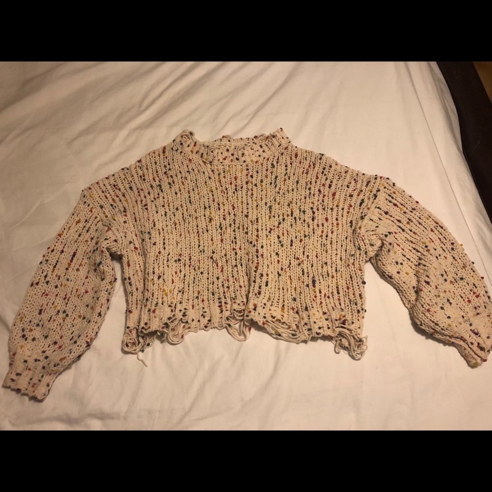 Cropped confetti distressed sweater